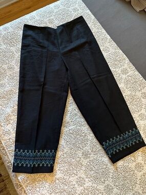 Dress Barn Black Capris with Teal Embroidered Hem